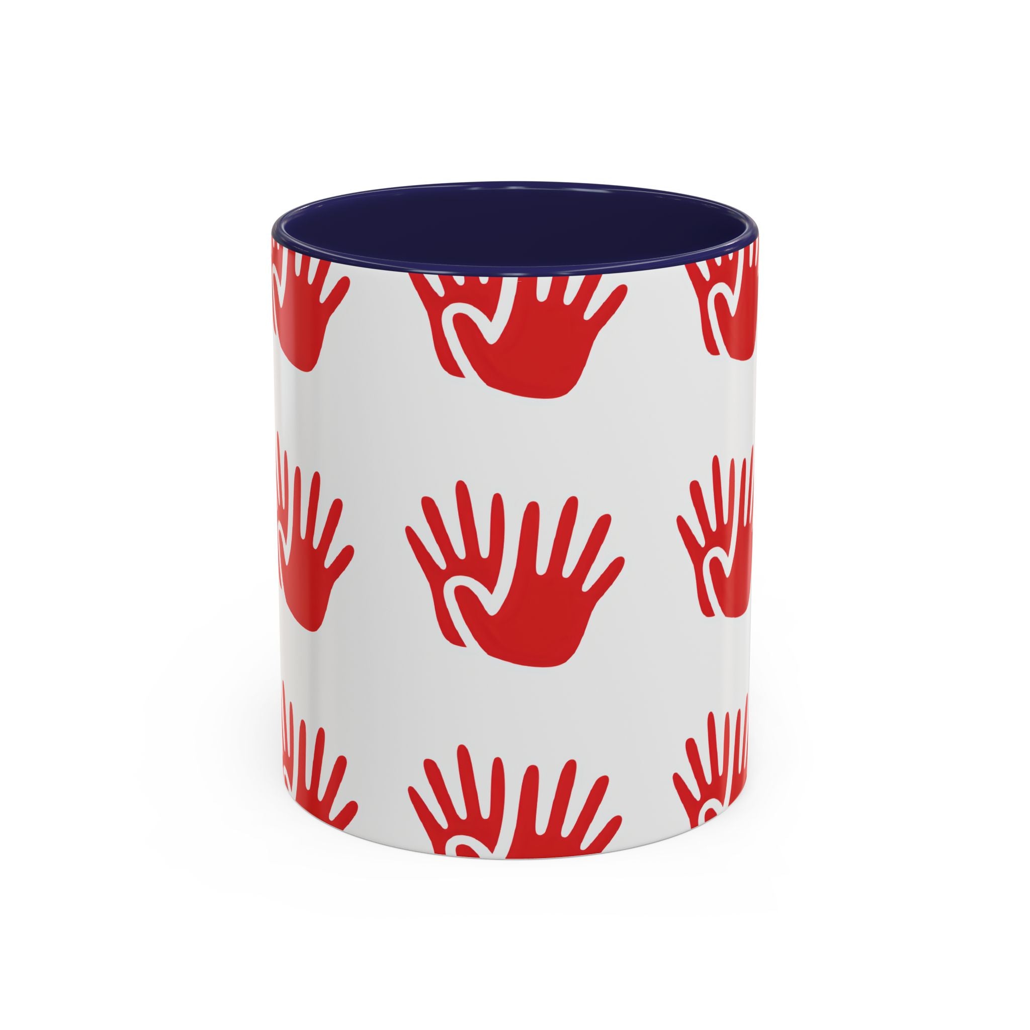 Ceramic printed coffee mug Red Handprint Pattern Accent Coffee Mug — Bold Graphic Ceramic Mug (11/15oz)