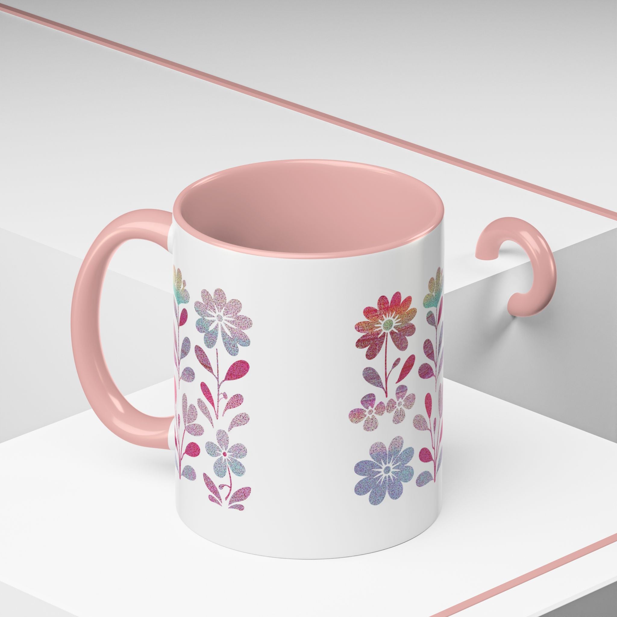 Floral Watercolor Accent Coffee Mug — Pastel Flower Pattern (11/15oz)