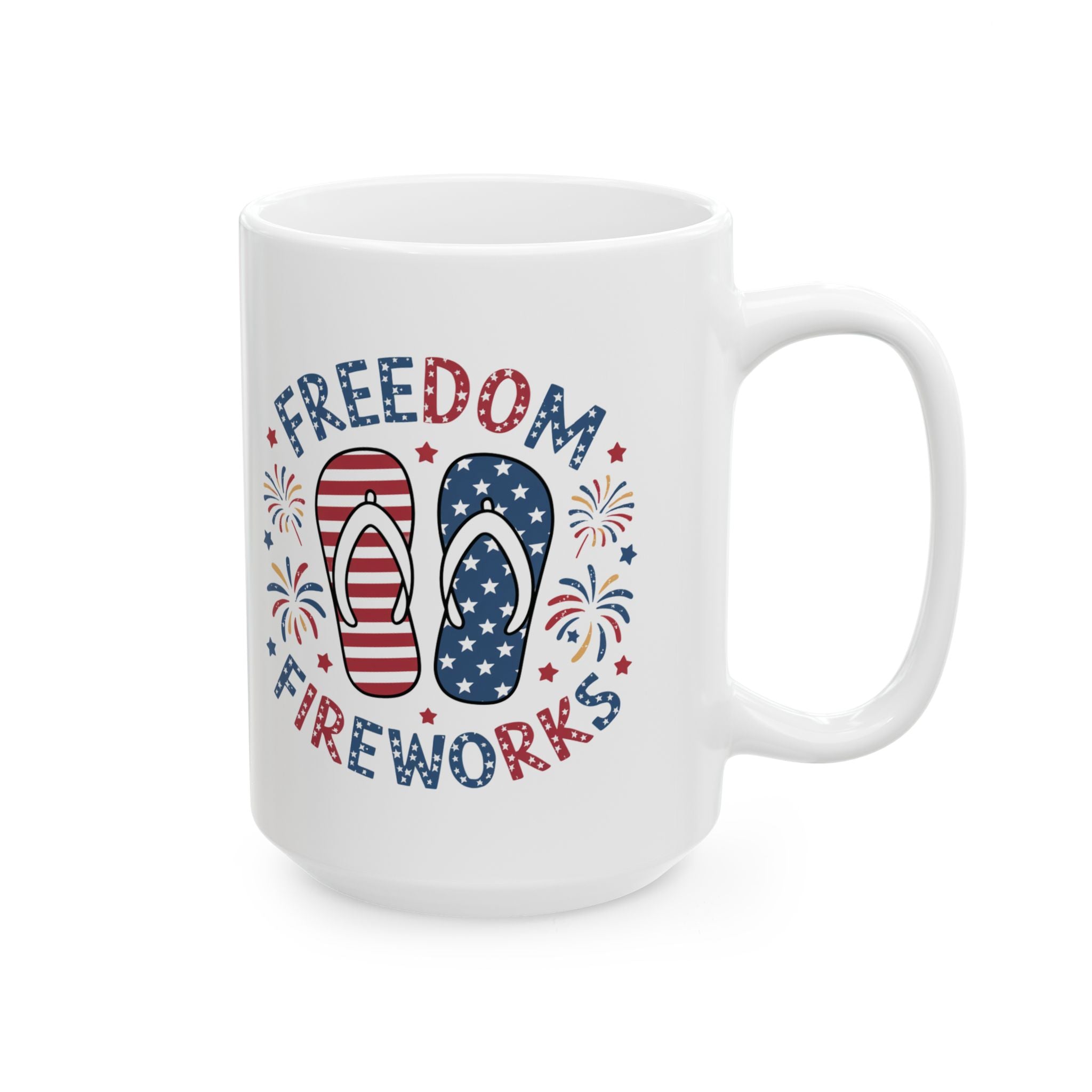 Freedom & Fireworks Ceramic Mug — Patriotic 4th of July Coffee Cup (11oz/15oz)