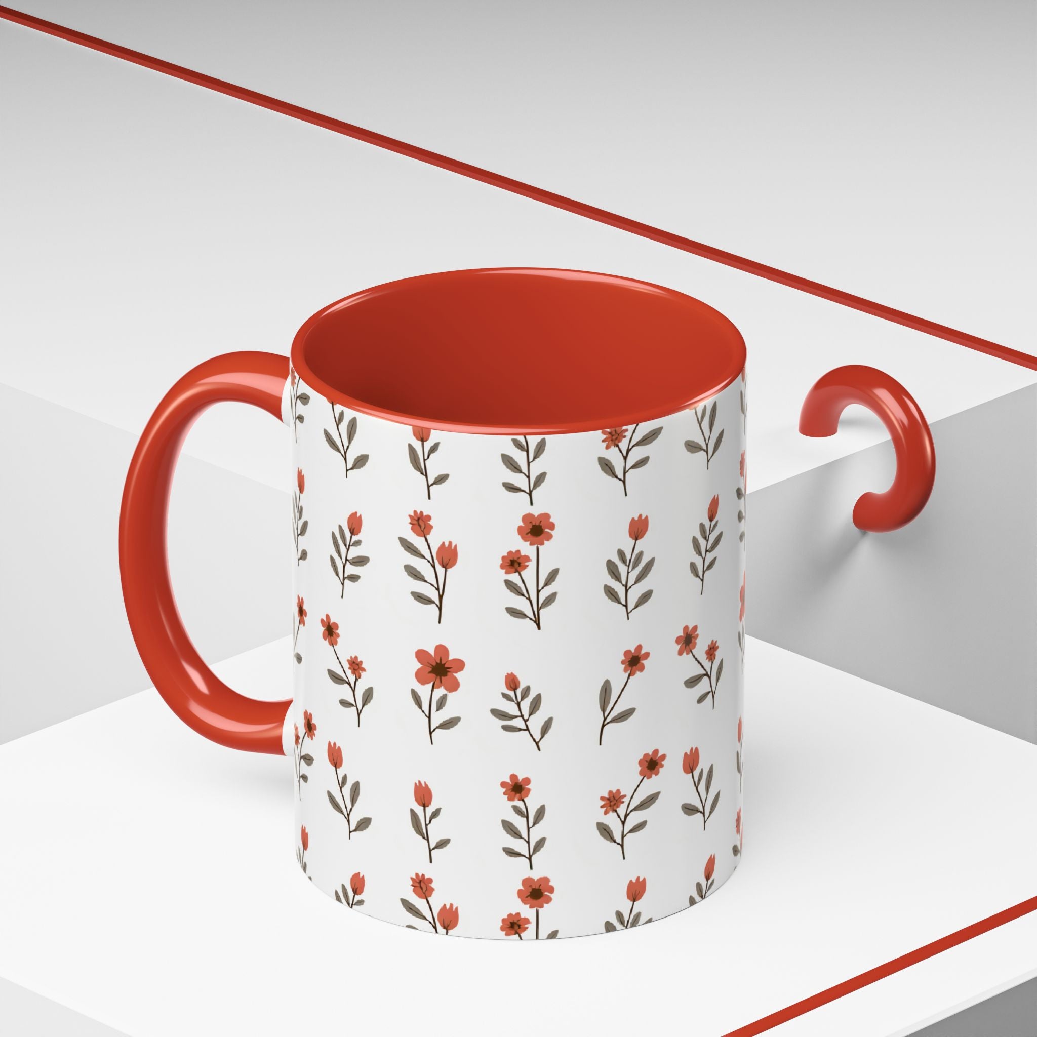 Ceramic printed coffee mug Floral Accent Coffee Mug — Cute Red Wildflower Pattern (11/15oz)