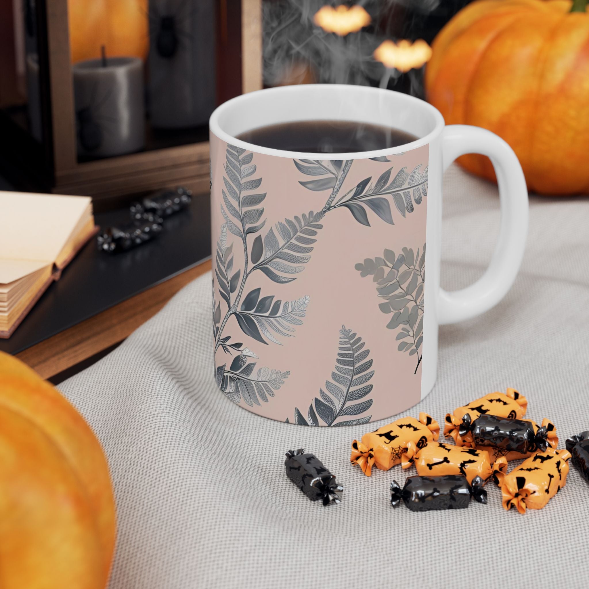 Ceramic printed Mug Botanical Pink — Grey Leaf Pattern (11oz & 15oz)