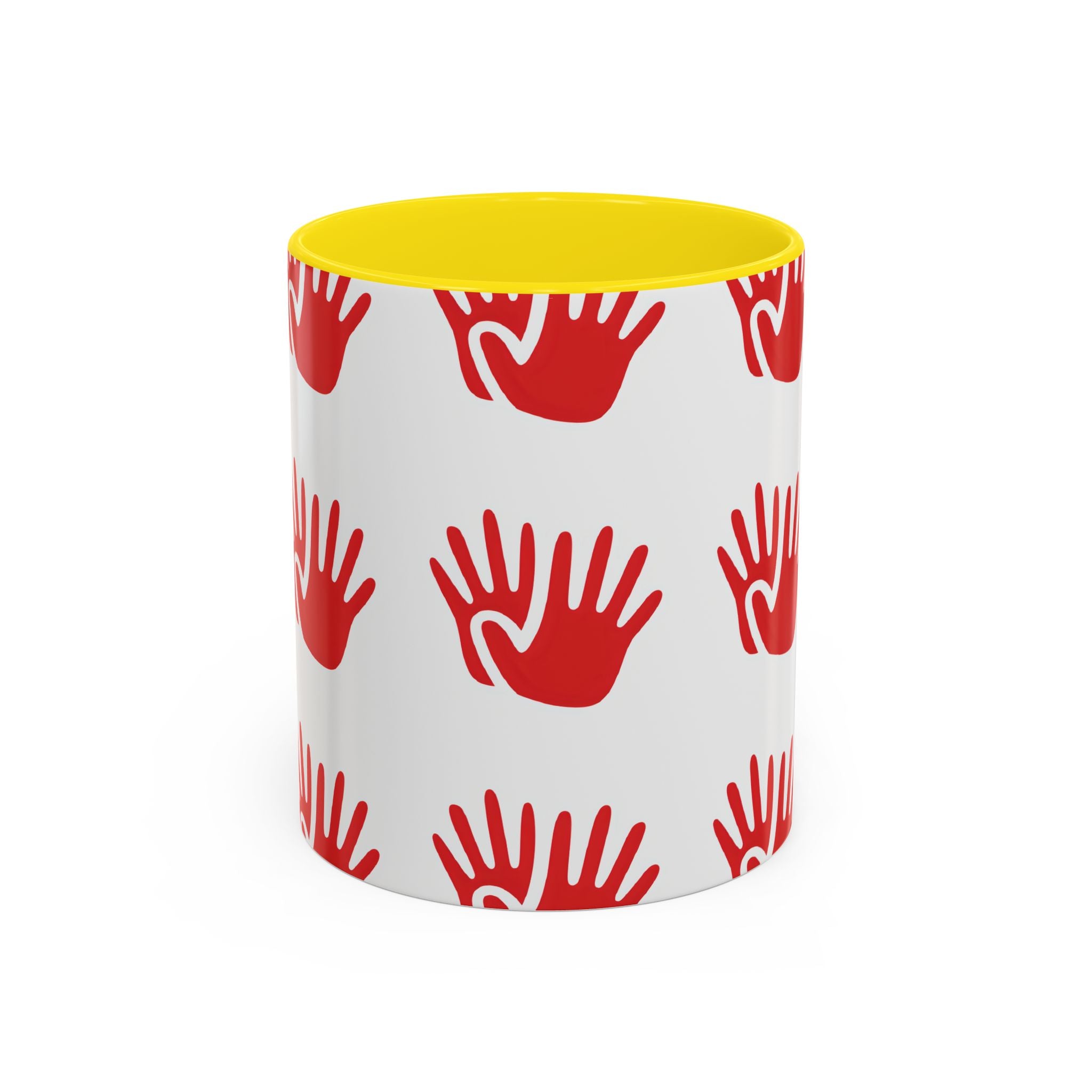 Ceramic printed coffee mug Red Handprint Pattern Accent Coffee Mug — Bold Graphic Ceramic Mug (11/15oz)