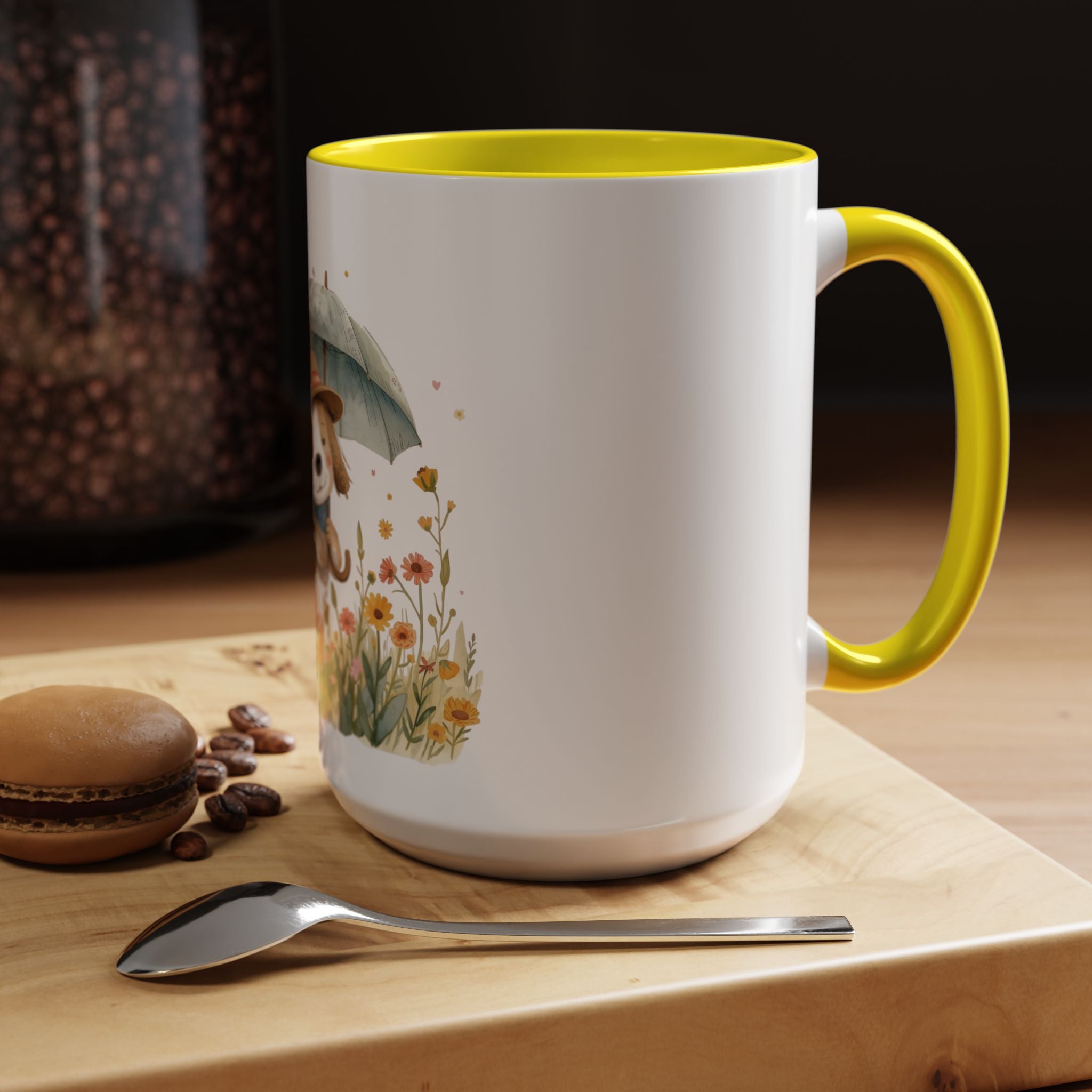 Cute Puppy with Umbrella Coffee Mug — Floral Accent Ceramic Mug (11/15oz)
