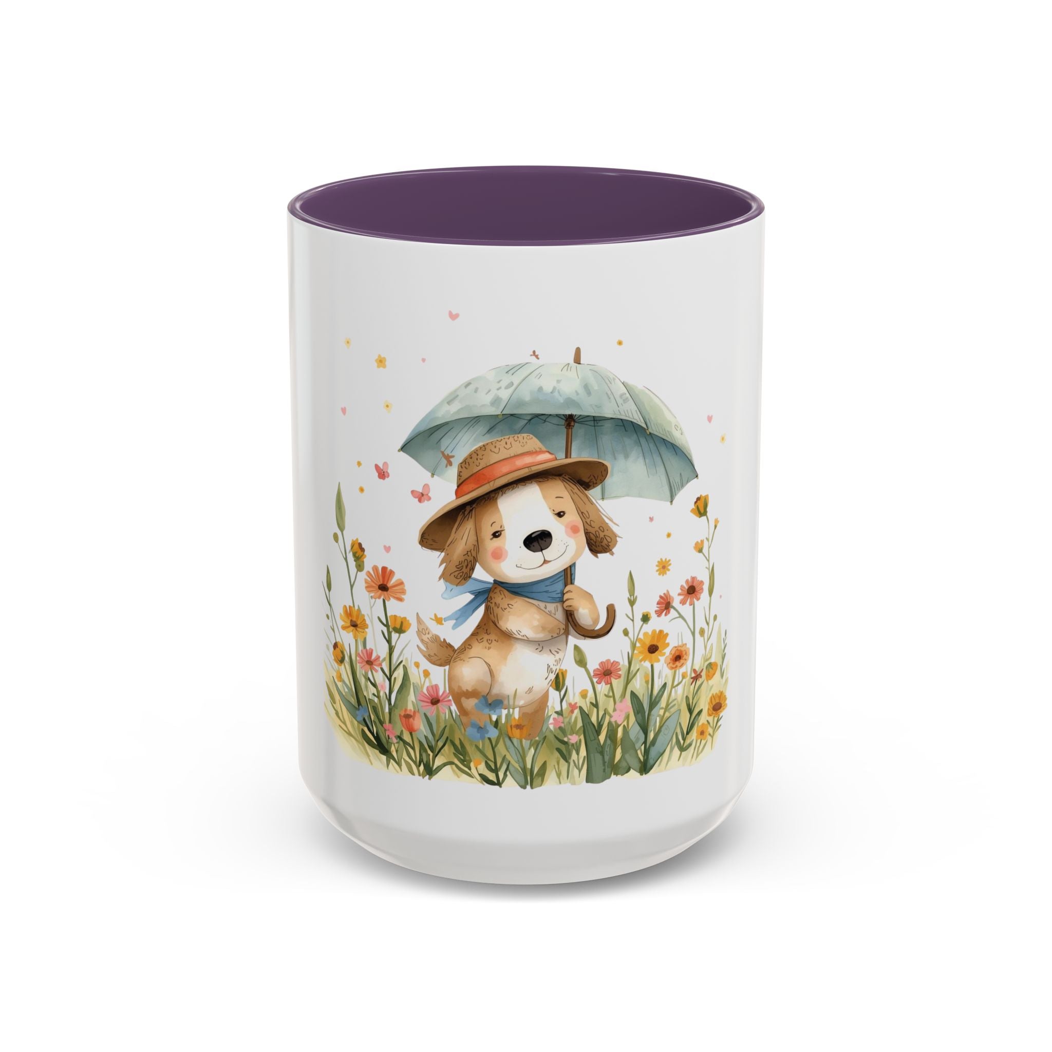 Cute Puppy with Umbrella Coffee Mug — Floral Accent Ceramic Mug (11/15oz)