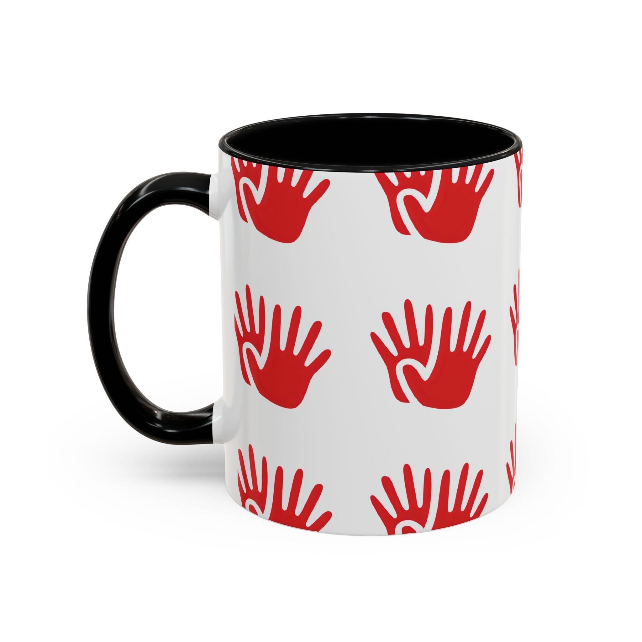 Ceramic printed coffee mug Red Handprint Pattern Accent Coffee Mug — Bold Graphic Ceramic Mug (11/15oz)
